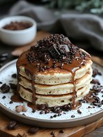 Stack of fluffy pancakes topped with chocolate sauce and chocolate shavings on ceramic plate, moody dark food photography with selective focus.
