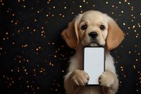 Golden retriever puppy holding blank smartphone screen against dark background with glowing bokeh lights, creating engaging social media content.