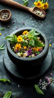 Stone mortar with fresh herbs, edible flowers, and spices on dark background, traditional cooking preparation for natural medicine or gourmet cuisine.