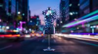 Mannequin bust with glowing particle dispersion effect against blurred neon city street lights and motion trails, representing digital transformation and futuristic fashion concepts.