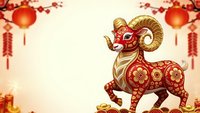 Traditional Chinese zodiac ram goat with ornate red gold patterns and decorative lanterns for lunar new year celebration and festival greeting cards.
