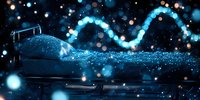 Magical night scene with glowing blue particles flowing from open book creating ethereal wave pattern against dark background with sparkling bokeh lights.