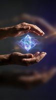 Hands holding glowing neon holographic crystal with blue and purple light energy, representing technology, innovation, and digital transformation for business and futuristic concepts.