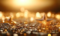 Golden star decoration on glittering surface with warm bokeh lights in background creating magical holiday atmosphere. Festive Christmas concept.