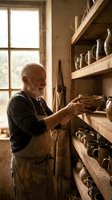 Senior Caucasian male potter in apron examining handmade ceramic bowl on wooden shelves in rustic clay workshop with natural light.