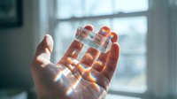 Hand holding a clear glass prism near a bright window, casting rainbow light refractions across the palm in a soft natural setting.