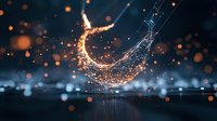 Glowing crescent moon shape formed by luminous particles and light trails against dark background with bokeh effect, creating magical atmosphere.