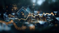 Glowing financial chart overlay on night cityscape with residential houses, combining real estate market data visualization with urban bokeh lights and atmosphere.