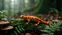 Orange salamander with black spots resting on moss-covered log in lush forest environment. Wildlife photography showcasing amphibian in natural habitat.