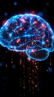 Digital brain with glowing neural networks and data streams on dark background for artificial intelligence and technology concepts.