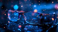 Modern eyeglasses with cosmic reflection in lenses showing starry night sky and nebula colors, futuristic optical concept for vision care and astronomy themes.