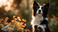 Border collie dog sitting among autumn flowers with warm sunlight creating bokeh background for pet photography and seasonal content.