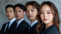 Young Asian business professionals in formal attire standing in line against concrete wall, showing leadership and corporate teamwork concept.