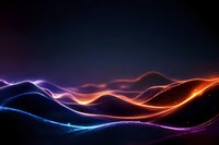 Abstract glowing waves of blue, purple and orange light flowing smoothly against dark background, creating dynamic energy lines and motion trails effect.