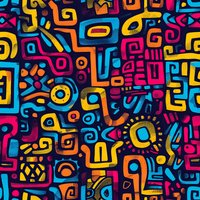 Vibrant seamless pattern with abstract geometric shapes in bright neon colors featuring spirals, curves and tribal motifs on dark background. Modern ethnic style design.