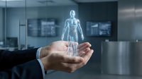 Businessman holding glowing holographic human body model in palm, representing medical technology, healthcare innovation, and digital anatomy visualization for business and science applications.