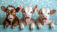 Three playful baby calves peeking over wooden fence, brown and white colored, sticking tongues out with happy expressions against blue polka dot background. For farm decor and greeting cards.
