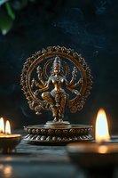 Bronze statue of Hindu deity Nataraja in cosmic dance pose surrounded by ring of fire, with oil lamps and incense smoke creating spiritual atmosphere.