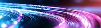 Vibrant fiber optic light trails creating dynamic curves with blue and pink neon glow against dark background, modern technology concept for digital communications.