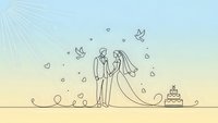 Minimalist line art wedding couple with doves and cake on gradient background. Romantic celebration design for invitations and decorations.