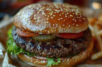 Juicy beef burger with sesame seed bun, fresh tomato slices, and crisp lettuce, served with golden fries for casual dining or food photography.