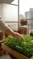 Person with light skin tone tending to fresh green seedlings in wooden planter on urban balcony with potted plants and city skyline view, suitable for gardening, sustainability, and lifestyle content.