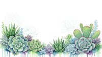Watercolor succulent border with cacti and desert plants in soft green and purple tones on white background for botanical design projects.