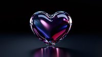 Glossy glass heart with purple and blue gradient colors reflecting light on dark background, romantic symbol floating with soft reflection beneath.