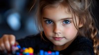 Young girl with striking blue eyes and gentle smile wearing dark sweater gazes at camera while playing with colorful toys in soft natural lighting.
