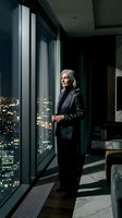 Confident mature businesswoman in suit standing by floor-to-ceiling windows overlooking illuminated city skyline at night in modern office.