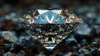 Brilliant cut diamond with light reflections and sparkle on dark textured background. Macro photography shows facets and clarity of precious gemstone.