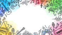 Colorful music frame with musical instruments, notes and sound waves on white background. Concert, festival, education design template.