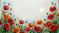 Watercolor poppy flowers frame border with red and orange blooms on textured paper background for spring garden design projects and floral decorations.