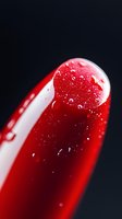 Macro shot of red lipstick with water droplets on dark background. Extreme closeup showing texture and moisture details for cosmetic and beauty advertising.