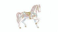 Decorative carousel horse with pastel pink mane and tail, ornate golden saddle and bridle, prancing pose. Suitable for children's illustrations, nursery decor, carnival themes.