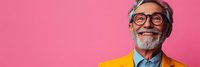Cheerful senior Caucasian businessman with gray beard and glasses smiling broadly in bright yellow suit against vibrant pink background for marketing campaigns.