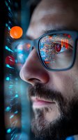 Close-up of Asian male programmer wearing glasses with digital code reflection, neon lights and technology elements creating futuristic cyberpunk atmosphere.