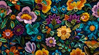 Vibrant floral pattern with colorful blooms in pink, purple, yellow and turquoise on dark background. Folk art style botanical design with decorative flowers and leaves.