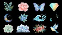 Watercolor botanical and nature elements including peony flower, butterfly, diamond gem, crescent moon, blueberries, succulent, mountains, floral bouquet, and birds. Isolated on transparent background, ready for t-shirts, stickers, clipart, and print-on-demand designs.