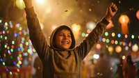 Young Asian woman celebrating with raised arms against festive bokeh lights background during evening outdoor event.