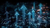 Digital arrows pointing upward on futuristic circuit board background representing business growth, financial success and technological advancement.