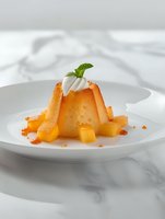 Golden sponge cake topped with whipped cream and mint leaf, served with caramelized peach cubes and sauce on white plate against marble background.