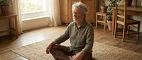 Senior man with gray hair and light skin tone, wearing casual olive button-up shirt, sitting cross-legged on woven mat in bright, minimalist living room. Suitable for wellness, mindfulness, and lifestyle content.