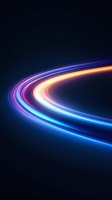 Glowing curved light trails in motion against dark background, featuring vibrant neon colors of blue, purple, and orange creating dynamic speed effect.
