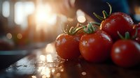Fresh ripe cherry tomatoes with water drops on dark wooden surface against blurred warm bokeh background, dramatic food photography style.