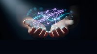 Hands holding glowing digital network connections with purple and blue light effects representing technology innovation and data connectivity solutions.