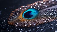 Vibrant peacock feather with water droplets on dark background showcasing iridescent blue and golden colors in macro photography detail.