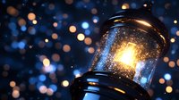 Glowing vintage lantern with warm light against dark background with bokeh lights creates magical atmosphere. Suitable for holiday and winter designs.