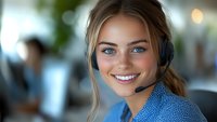 Young Caucasian female customer service representative wearing headset and blue shirt smiling warmly at camera in modern office environment with bokeh background.