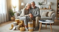Happy senior couple sitting on sofa surrounded by stacks of golden coins representing retirement savings and financial security planning.